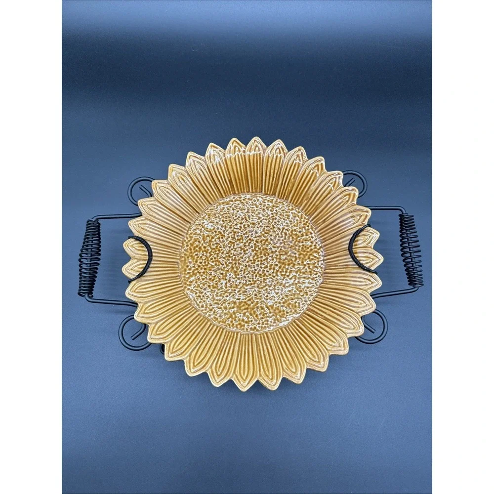 Sunflower Shaped Serving Plate Bowl Stoneware Attached Metal Trivet Stand Pier 1